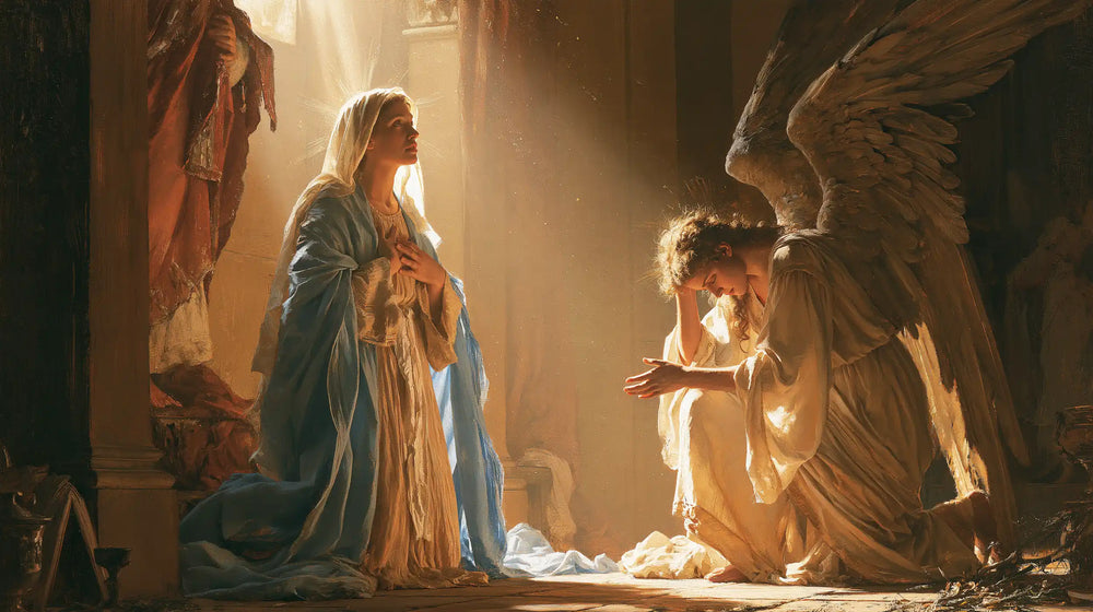 Mary receiving Gabriel's message in sacred surprise in Sacred Surprise style, landscape Christian artwork no. 6