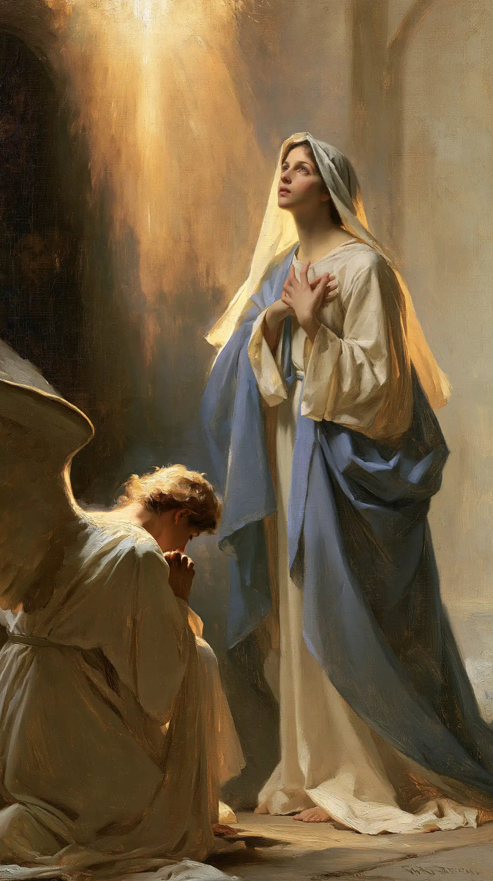 Mary receiving Gabriel's message in sacred surprise in Sacred Surprise style, portrait Christian artwork no. 3