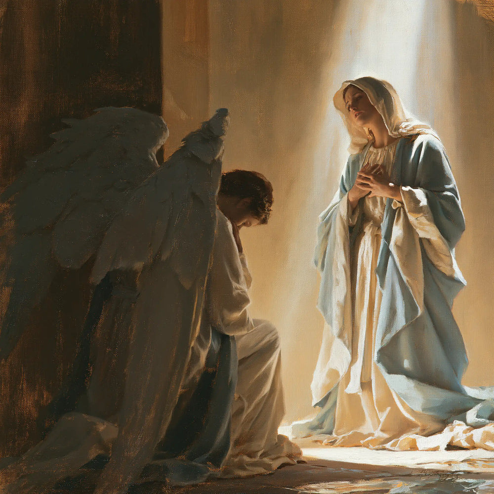 Mary receiving Gabriel's message in sacred surprise in Sacred Surprise style, square Christian artwork no. 2