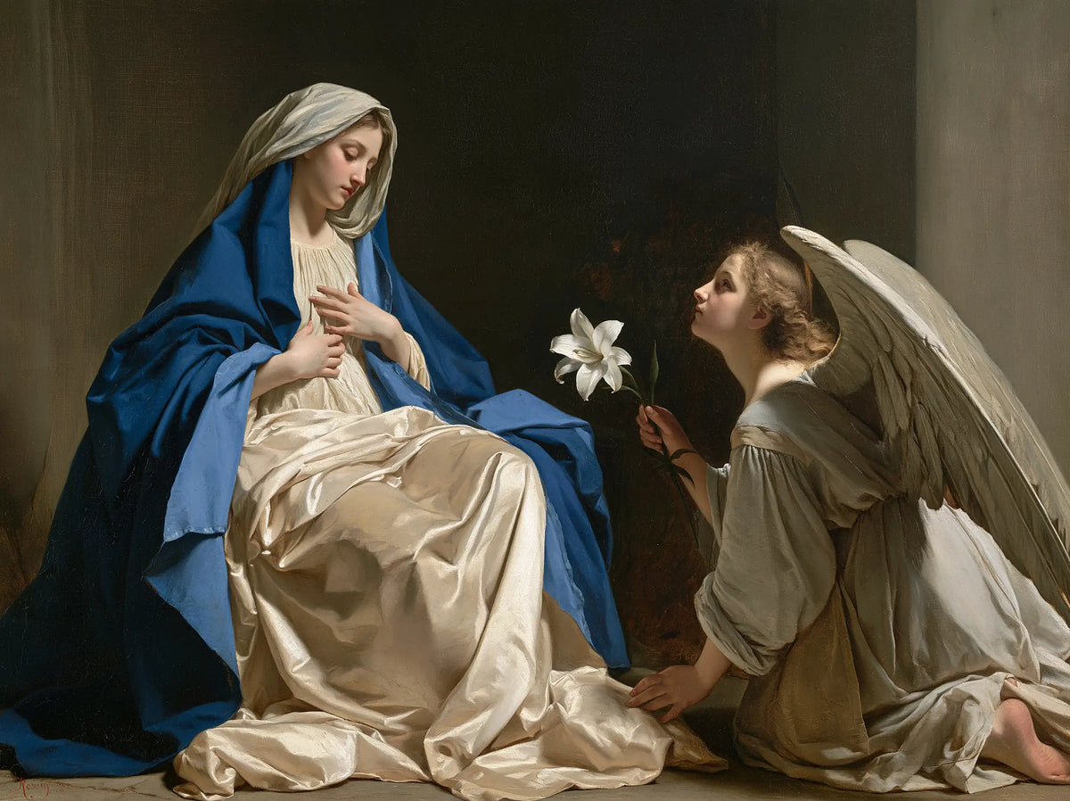 Annunciation in Sapphire and Ivory – Caravaggio-Inspired Tenebrist Art · Landscape