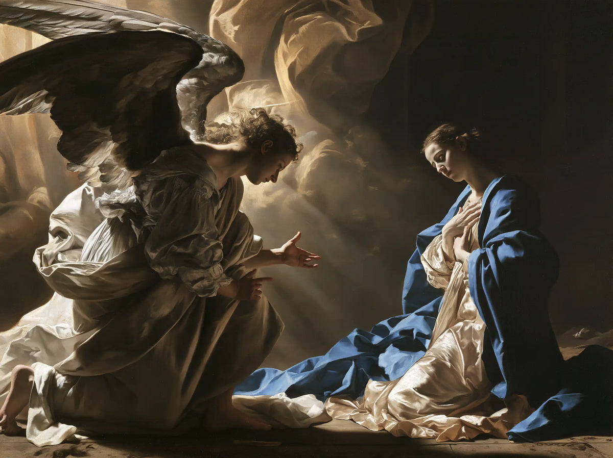 the Annunciation in a theatrical Baroque scene in Theatrical Baroque style, landscape Christian artwork no. 1