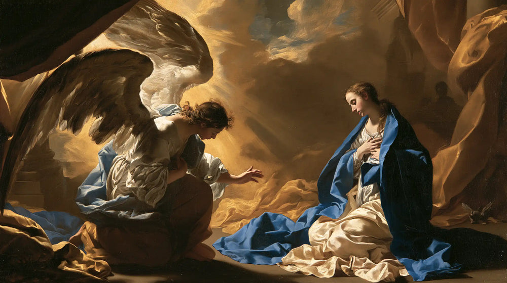 the Annunciation in a theatrical Baroque scene in Theatrical Baroque style, landscape Christian artwork no. 12