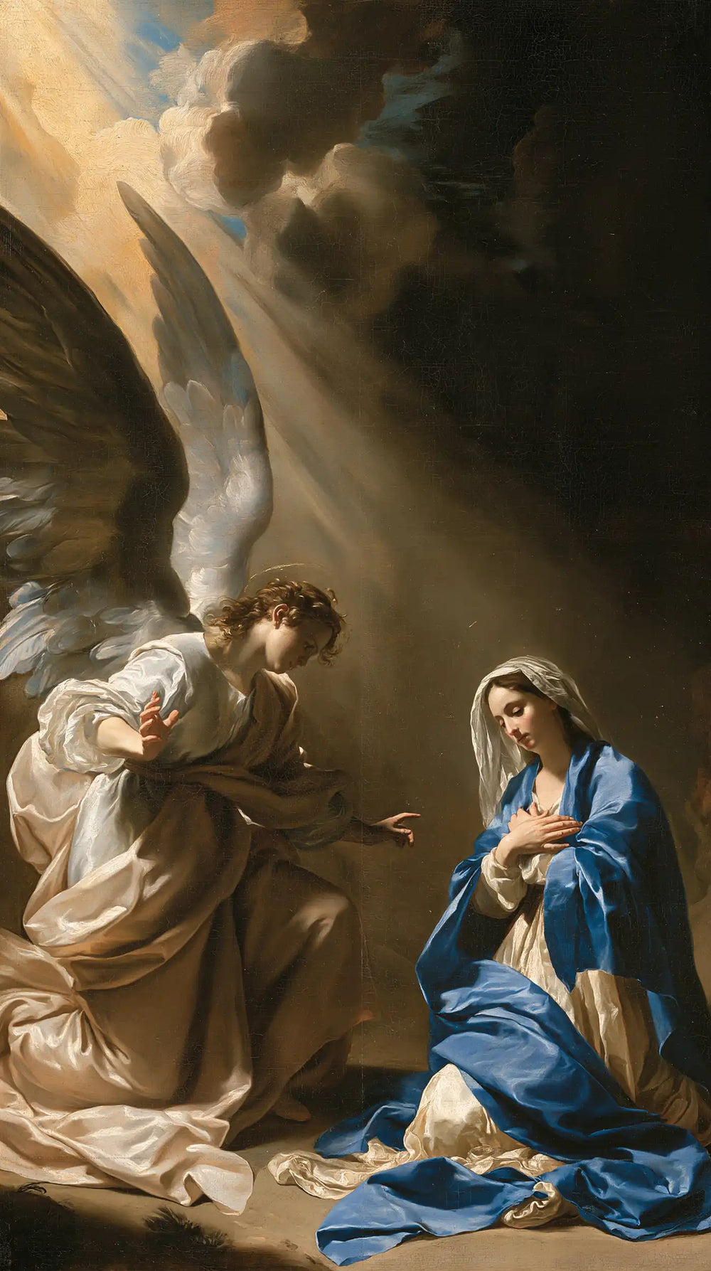 the Annunciation in a theatrical Baroque scene in Theatrical Baroque style, portrait Christian artwork no. 1