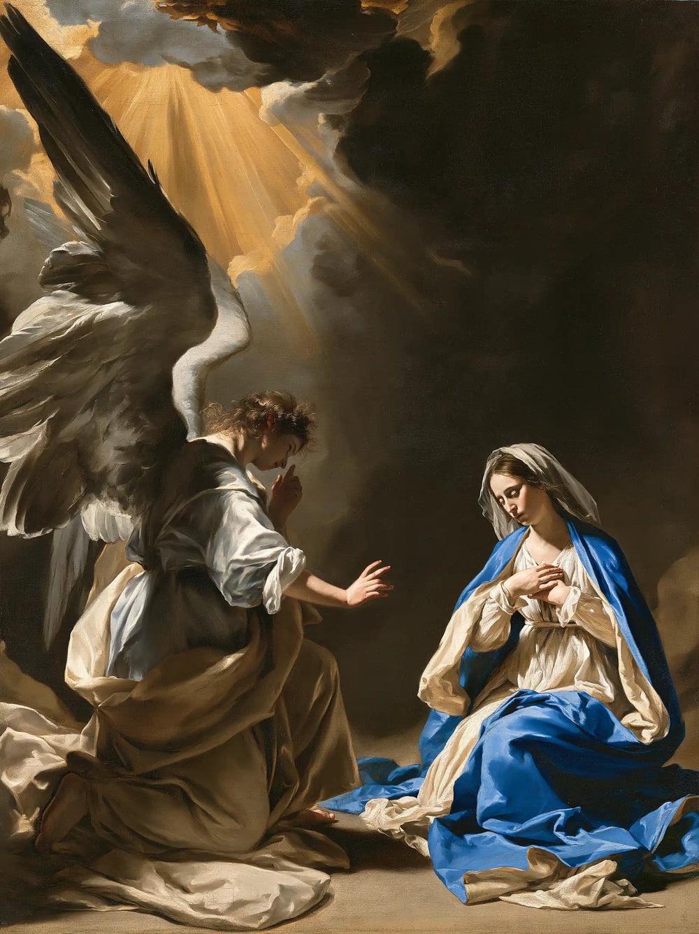 the Annunciation in a theatrical Baroque scene in Theatrical Baroque style, portrait Christian artwork no. 21