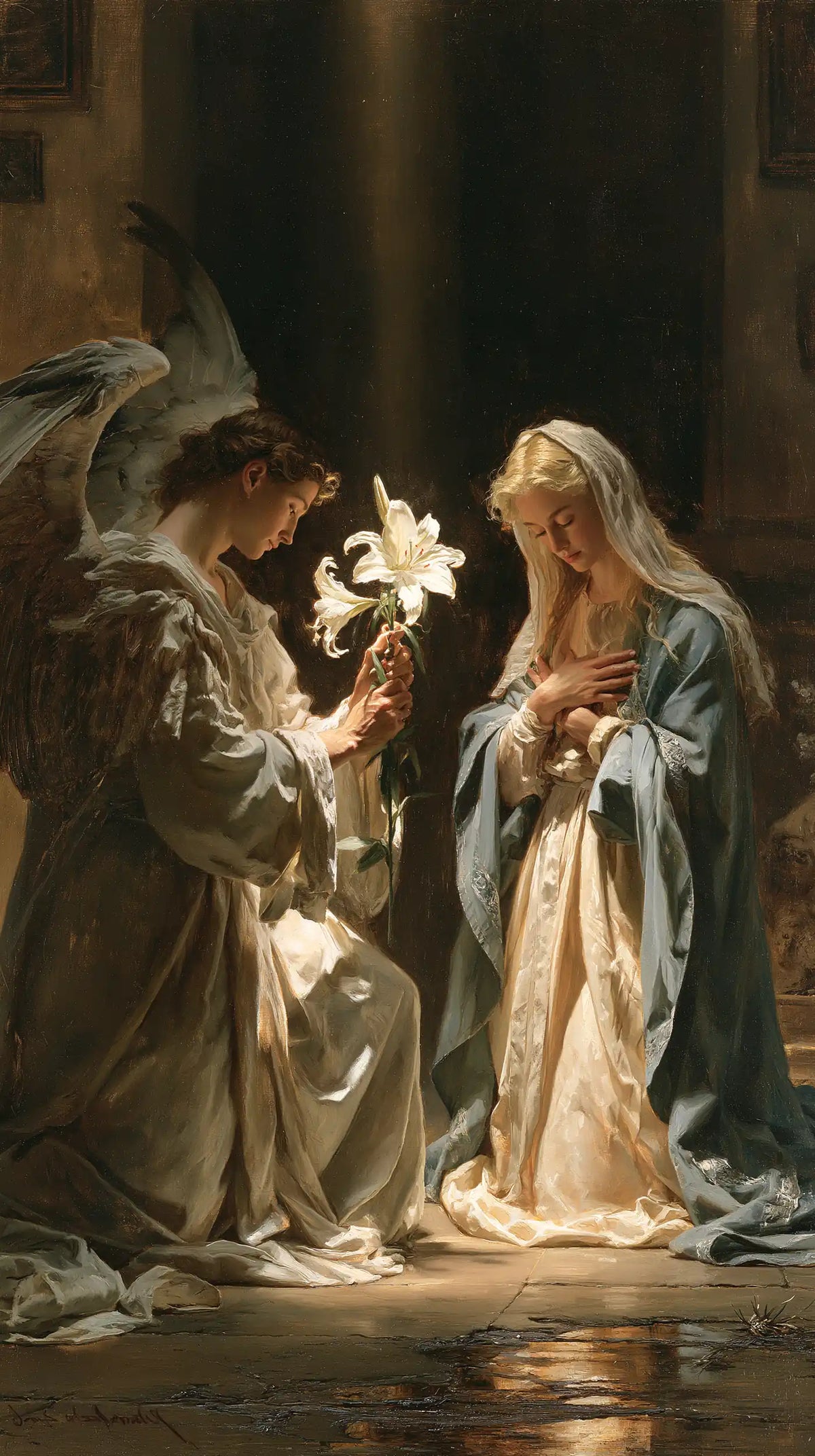 the Annunciation with the white lily as a central symbol in The White Lily as Symbol style, portrait Christian artwork no. 7