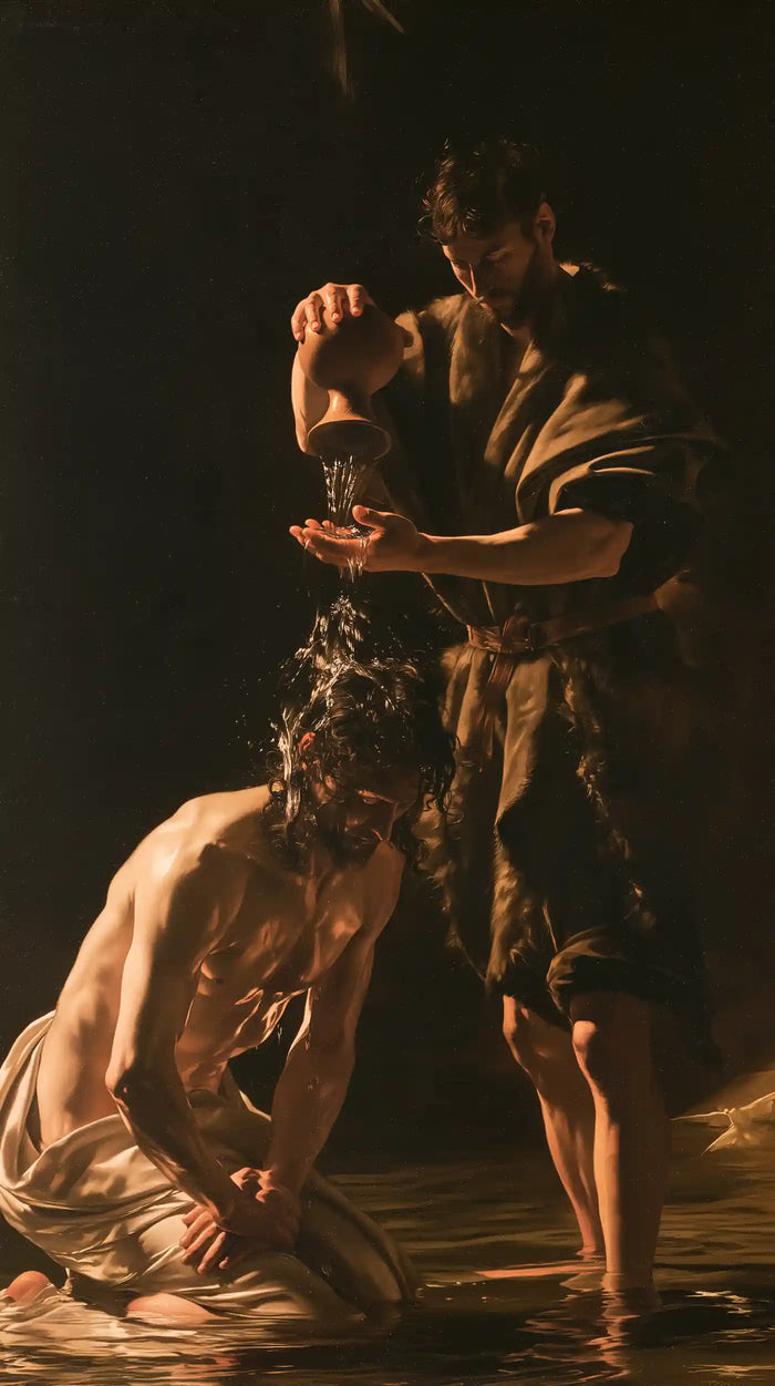 The Baptism of Jesus – Caravaggio Tenebrism · Kneeling in the Jordan · Portrait no. 1