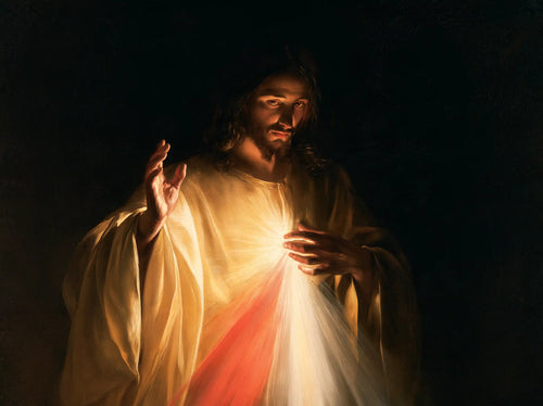 Divine Mercy Jesus in dramatic chiaroscuro in Caravaggio Tenebrism style, landscape Christian artwork no. 1