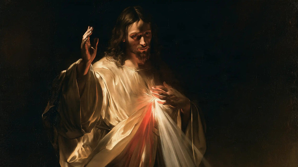 Divine Mercy Jesus in dramatic chiaroscuro in Caravaggio Tenebrism style, landscape Christian artwork no. 2