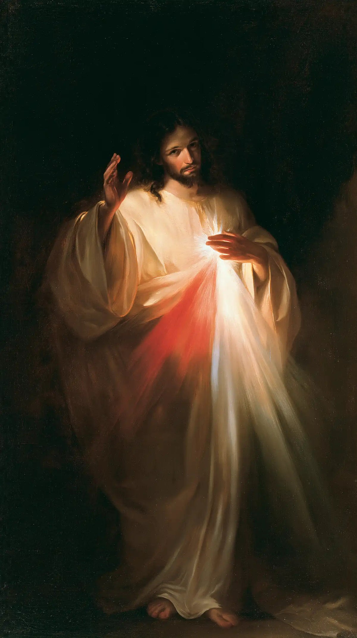 Divine Mercy Jesus in dramatic chiaroscuro in Caravaggio Tenebrism style, portrait Christian artwork no. 1