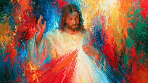 Jesus as Divine Mercy with red and pale rays, colour expressionism landscape Christian artwork