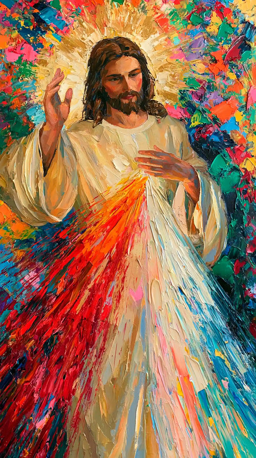 Jesus as Divine Mercy with red and pale rays, colour expressionism portrait Christian artwork