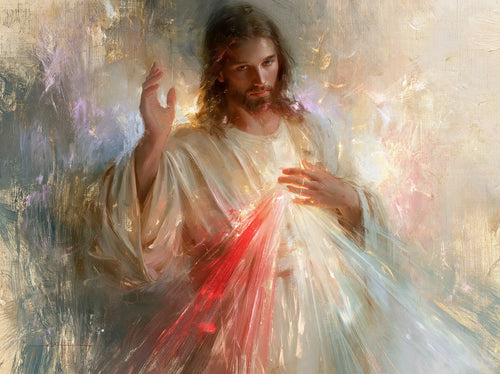 Divine Mercy Jesus in an impressionist atmosphere in Impressionist style, landscape Christian artwork no. 1