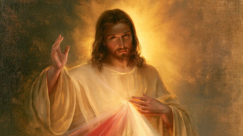 Divine Mercy Jesus raising his hand in blessing in Jesus Blessing style, landscape Christian artwork no. 6