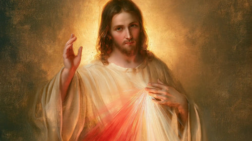 Divine Mercy Jesus raising his hand in blessing in Jesus Blessing style, landscape Christian artwork no. 7