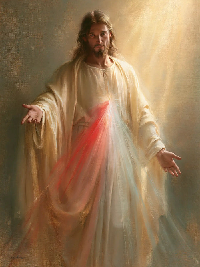 Divine Mercy Jesus — Open Arms Beneath the Bright Sky