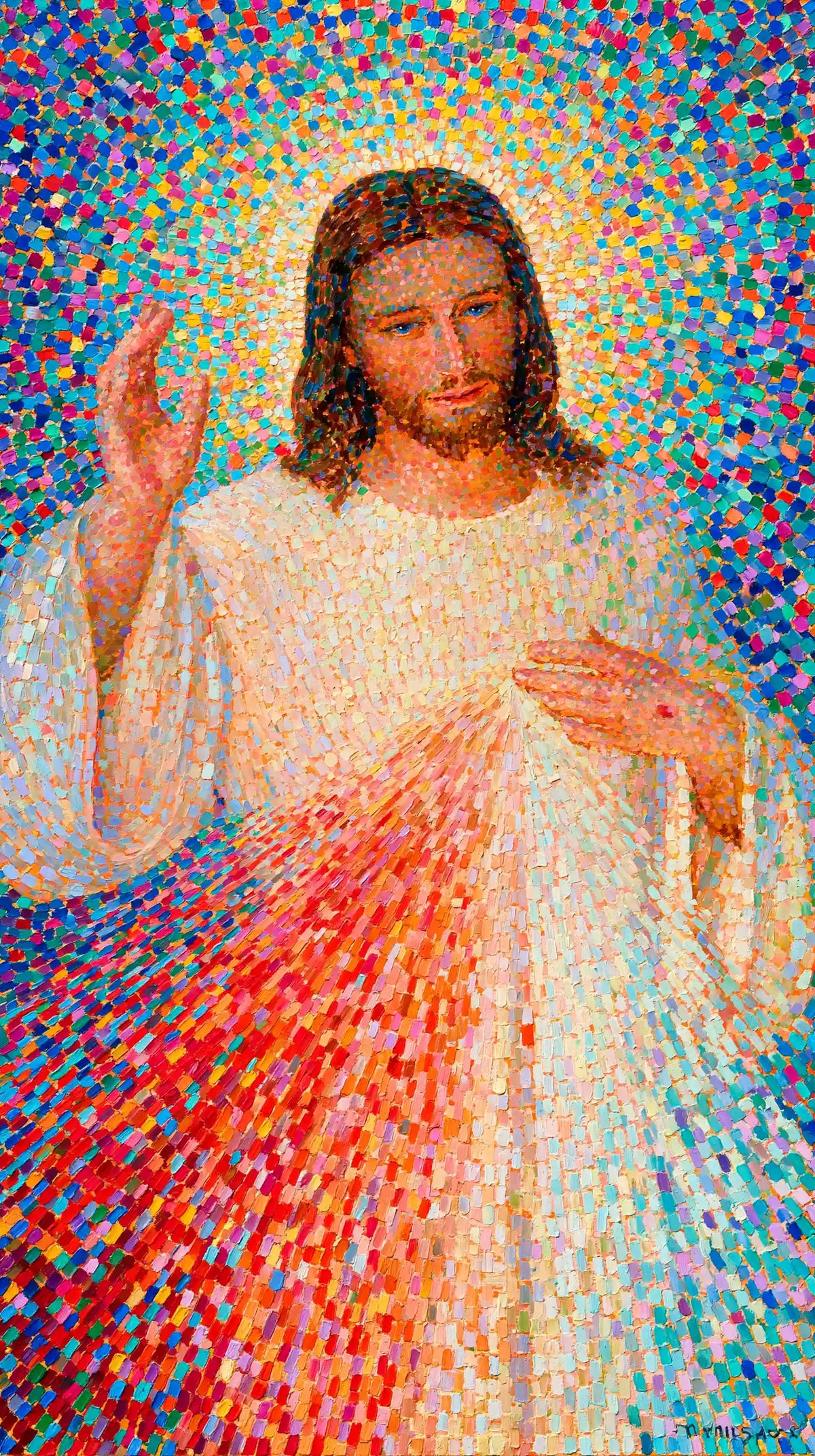 Jesus as Divine Mercy with red and pale rays, pointillist & neo-impressionist portrait Christian artwork