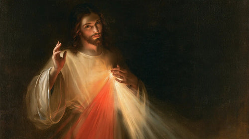 Divine Mercy Jesus with radiant red and pale rays in Rays of Mercy style, landscape Christian artwork no. 2