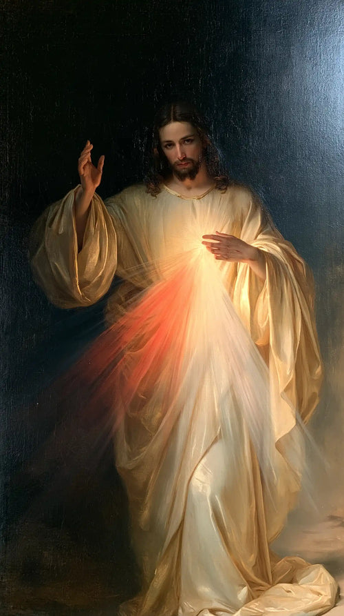 Divine Mercy Jesus with radiant red and pale rays in Rays of Mercy style, portrait Christian artwork no. 3