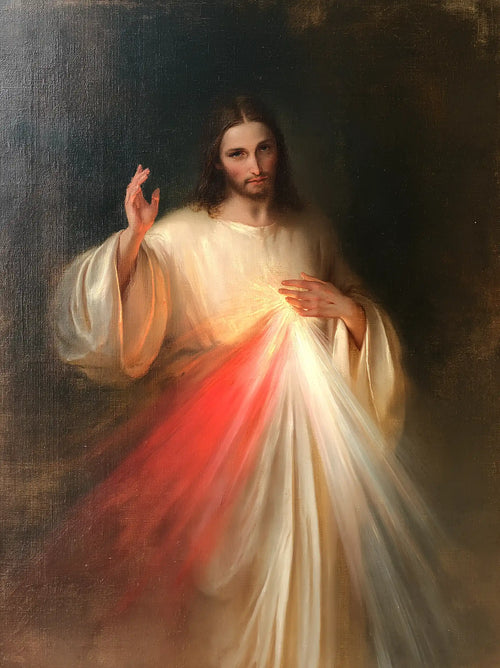 Divine Mercy Jesus with radiant red and pale rays in Rays of Mercy style, portrait Christian artwork no. 4