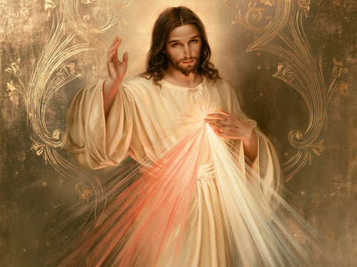 Divine Mercy Jesus framed by sacred Art Nouveau ornament in Sacred Art Nouveau style, landscape Christian artwork no. 5