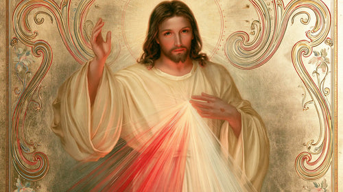 Divine Mercy Jesus framed by sacred Art Nouveau ornament in Sacred Art Nouveau style, landscape Christian artwork no. 9