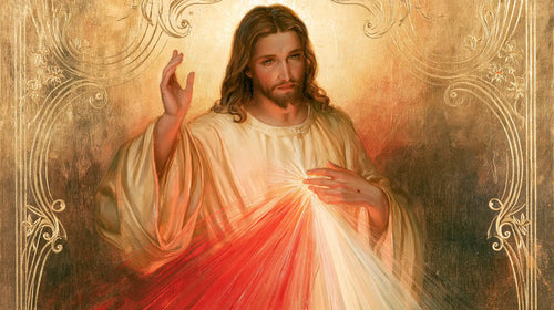 Divine Mercy Jesus framed by sacred Art Nouveau ornament in Sacred Art Nouveau style, landscape Christian artwork no. 11