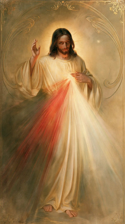 Divine Mercy Jesus framed by sacred Art Nouveau ornament in Sacred Art Nouveau style, portrait Christian artwork no. 2