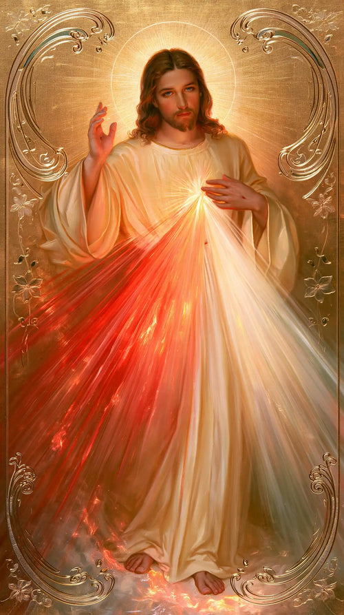 Divine Mercy Jesus framed by sacred Art Nouveau ornament in Sacred Art Nouveau style, portrait Christian artwork no. 6