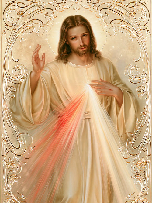 Divine Mercy Jesus framed by sacred Art Nouveau ornament in Sacred Art Nouveau style, portrait Christian artwork no. 10