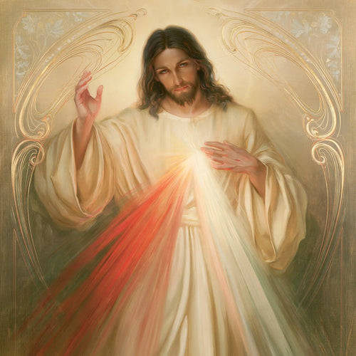 Divine Mercy Jesus framed by sacred Art Nouveau ornament in Sacred Art Nouveau style, square Christian artwork no. 4