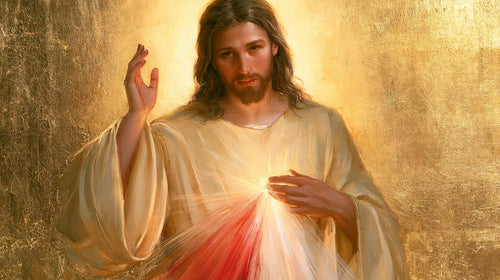 Divine Mercy Jesus in radiant golden light in Sacred Gold style, landscape Christian artwork no. 5