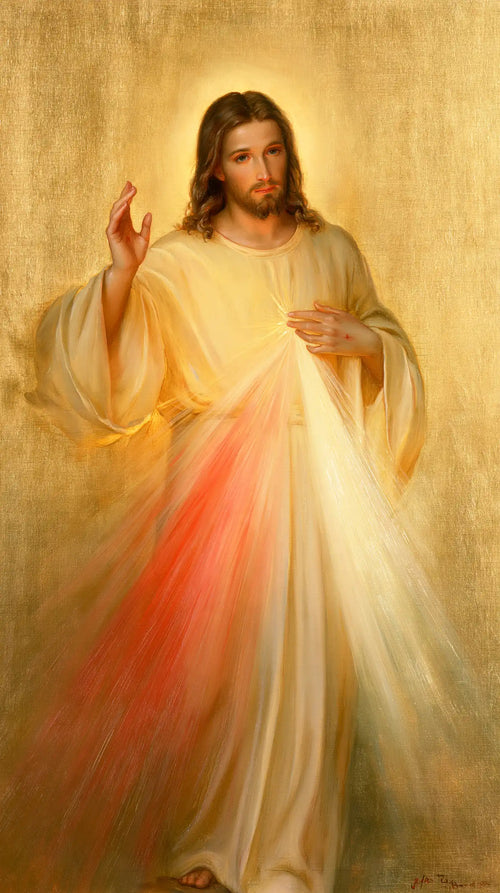 Divine Mercy Jesus in radiant golden light in Sacred Gold style, portrait Christian artwork no. 2