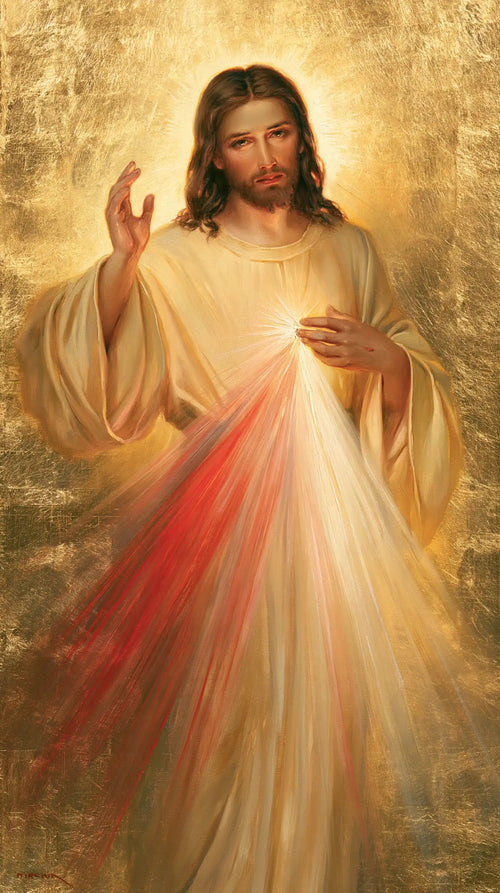 Divine Mercy Jesus in radiant golden light in Sacred Gold style, portrait Christian artwork no. 4