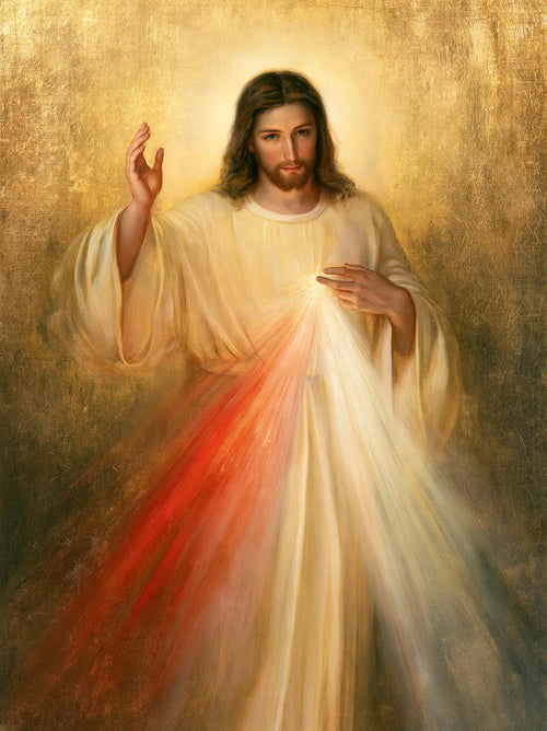 Divine Mercy Jesus in radiant golden light in Sacred Gold style, portrait Christian artwork no. 9