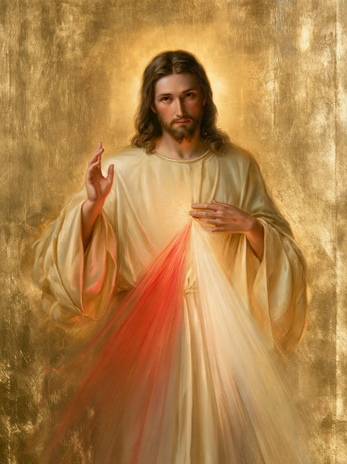 Divine Mercy Jesus in radiant golden light in Sacred Gold style, portrait Christian artwork no. 10