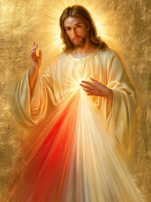 Divine Mercy Jesus in radiant golden light in Sacred Gold style, portrait Christian artwork no. 20
