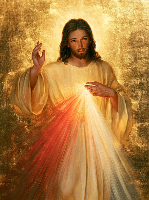 Divine Mercy Jesus in radiant golden light in Sacred Gold style, portrait Christian artwork no. 21