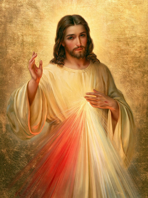 Divine Mercy Jesus in radiant golden light in Sacred Gold style, portrait Christian artwork no. 24