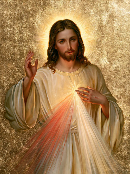 Divine Mercy Jesus in radiant golden light in Sacred Gold style, portrait Christian artwork no. 26
