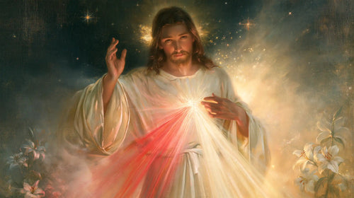 Divine Mercy Jesus in a symbolist composition in Symbolist style, landscape Christian artwork no. 2