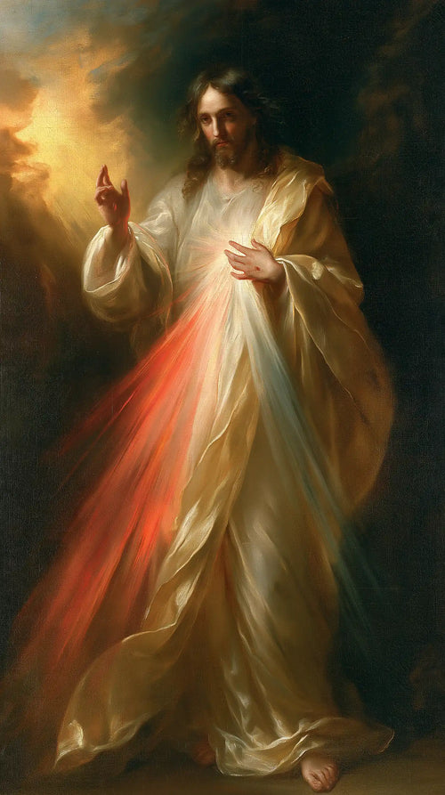 Divine Mercy Jesus in a theatrical Baroque scene in Theatrical Baroque style, portrait Christian artwork no. 3