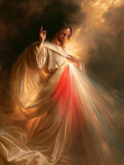 Divine Mercy Jesus in a theatrical Baroque scene in Theatrical Baroque style, portrait Christian artwork no. 6