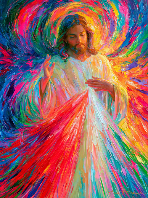 Jesus as Divine Mercy with red and pale rays, ultra-vibrant expressionism portrait Christian artwork