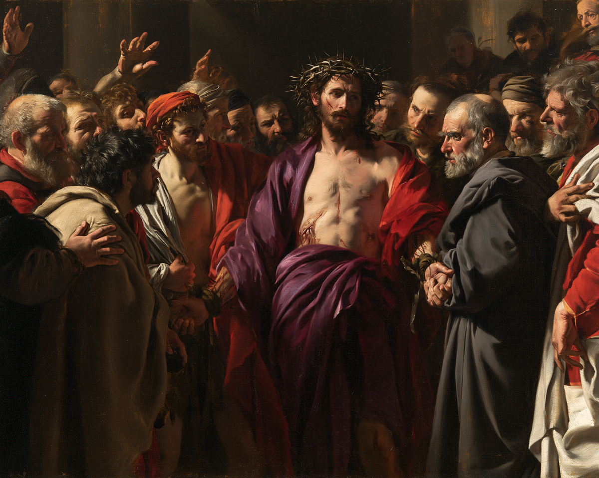 Ecce Homo — The Pale Chest Above the Gathered Drape