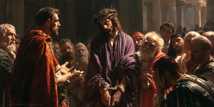 Ecce Homo — Lowered Wrists Before the Red-Cloaked Speaker