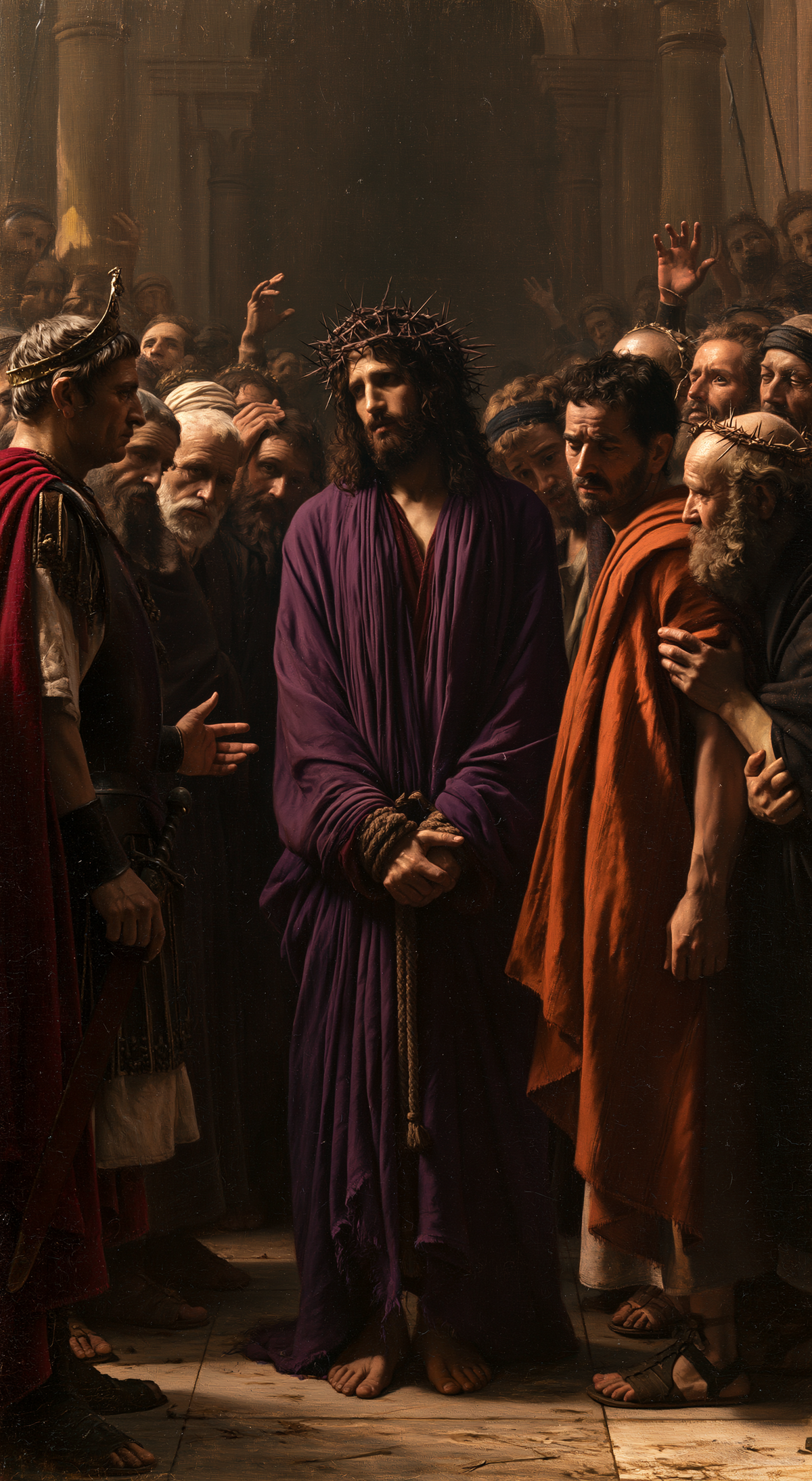 Ecce Homo — The Purple Figure Between Ochre Cloaks