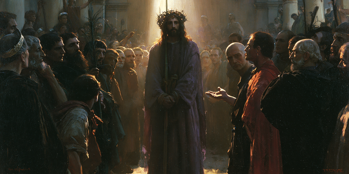 Ecce Homo — Bound Hands Between Grey Helmets