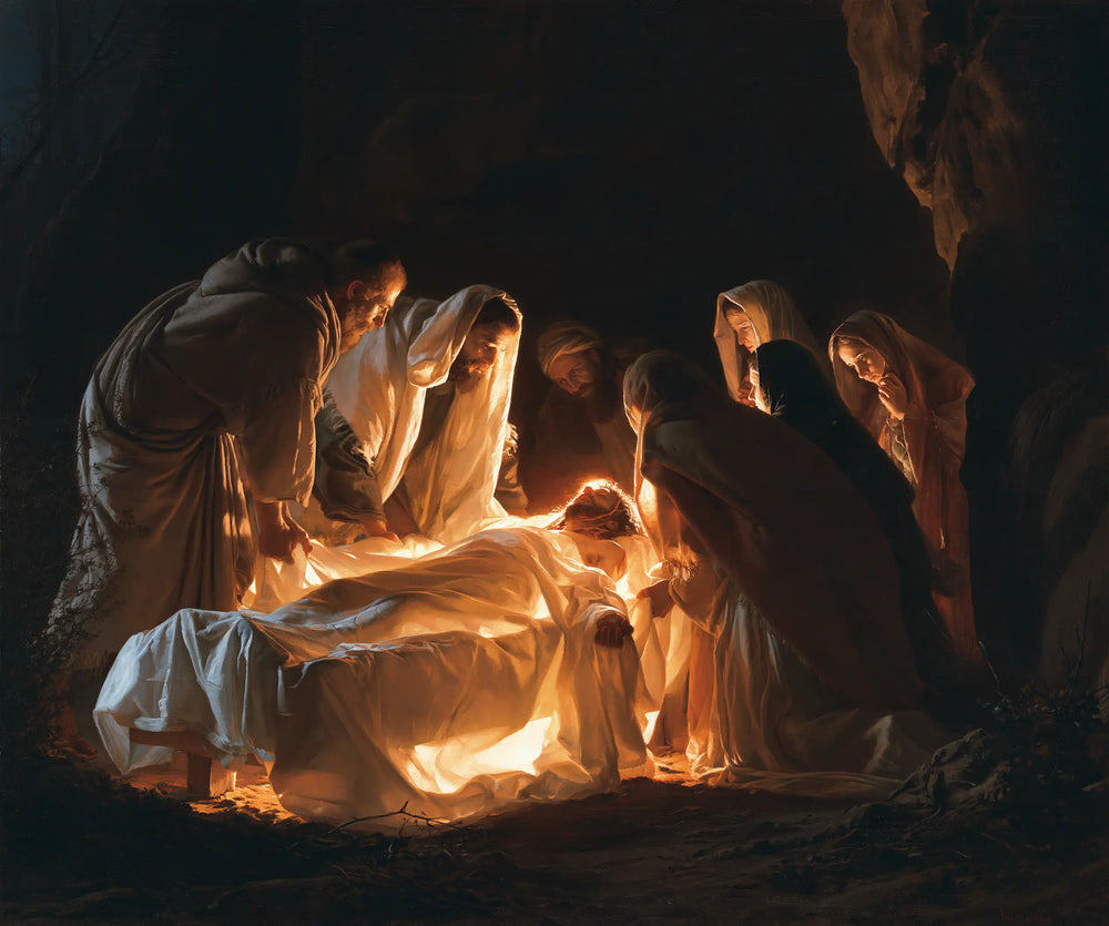 Entombment of Jesus Christ in Divine Light style, landscape Christian artwork no. 2