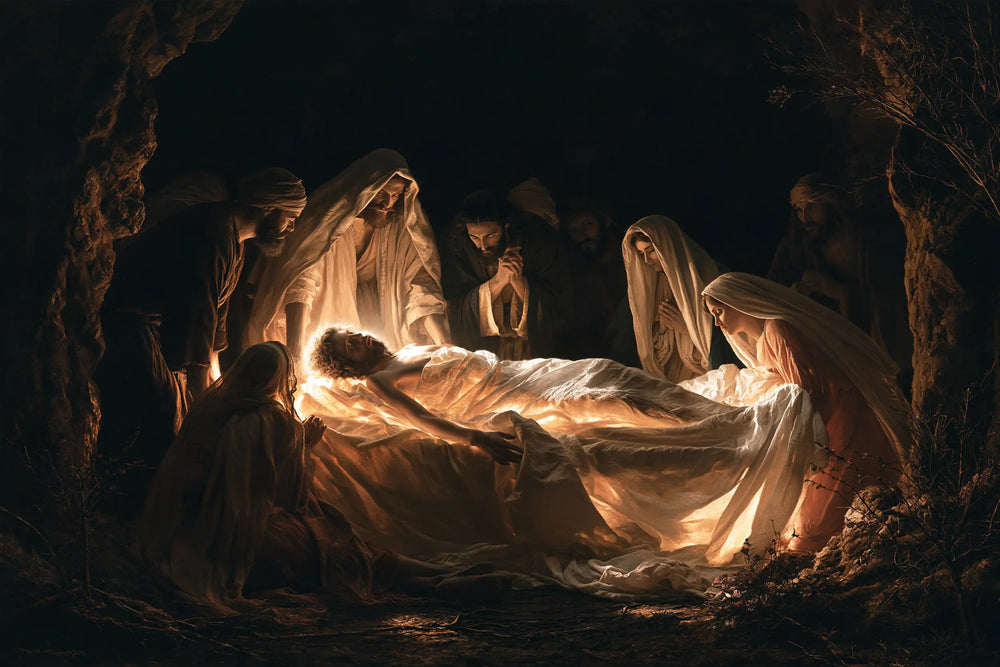 Entombment of Jesus Christ in Divine Light style, landscape Christian artwork no. 10