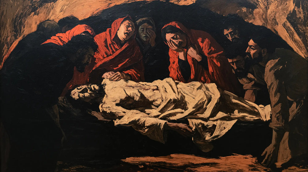Entombment of Jesus Christ in Expressionist style, landscape Christian artwork no. 5